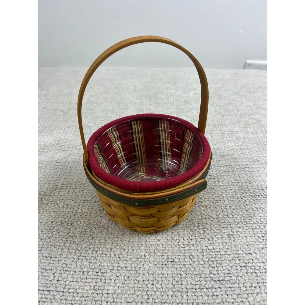 Longaberger Small Round Basket‎ 2005 Red Green Striped Liner Plastic Protector